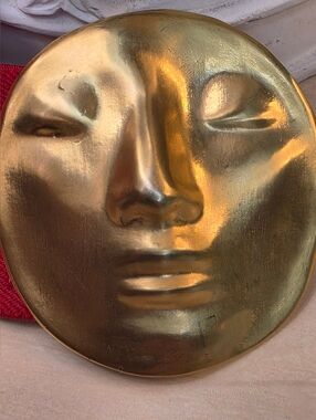 VTG 80s Sculptural Serene Face Cinch Belt Red Gold Celestial Moon Goddess Boho